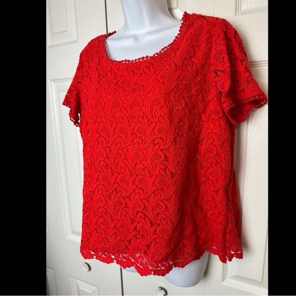 TALBOTS Red Lace Crochet Eyelet Blouse Top Shirt Short Sleeve Scoop Neck Plus - Picture 3 of 12